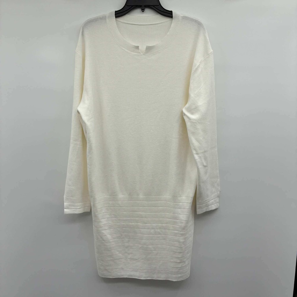Womens XXL Ivory Sweater Dress Notch Neck Long Sleeve Ribbed Hem Pullover Knit
